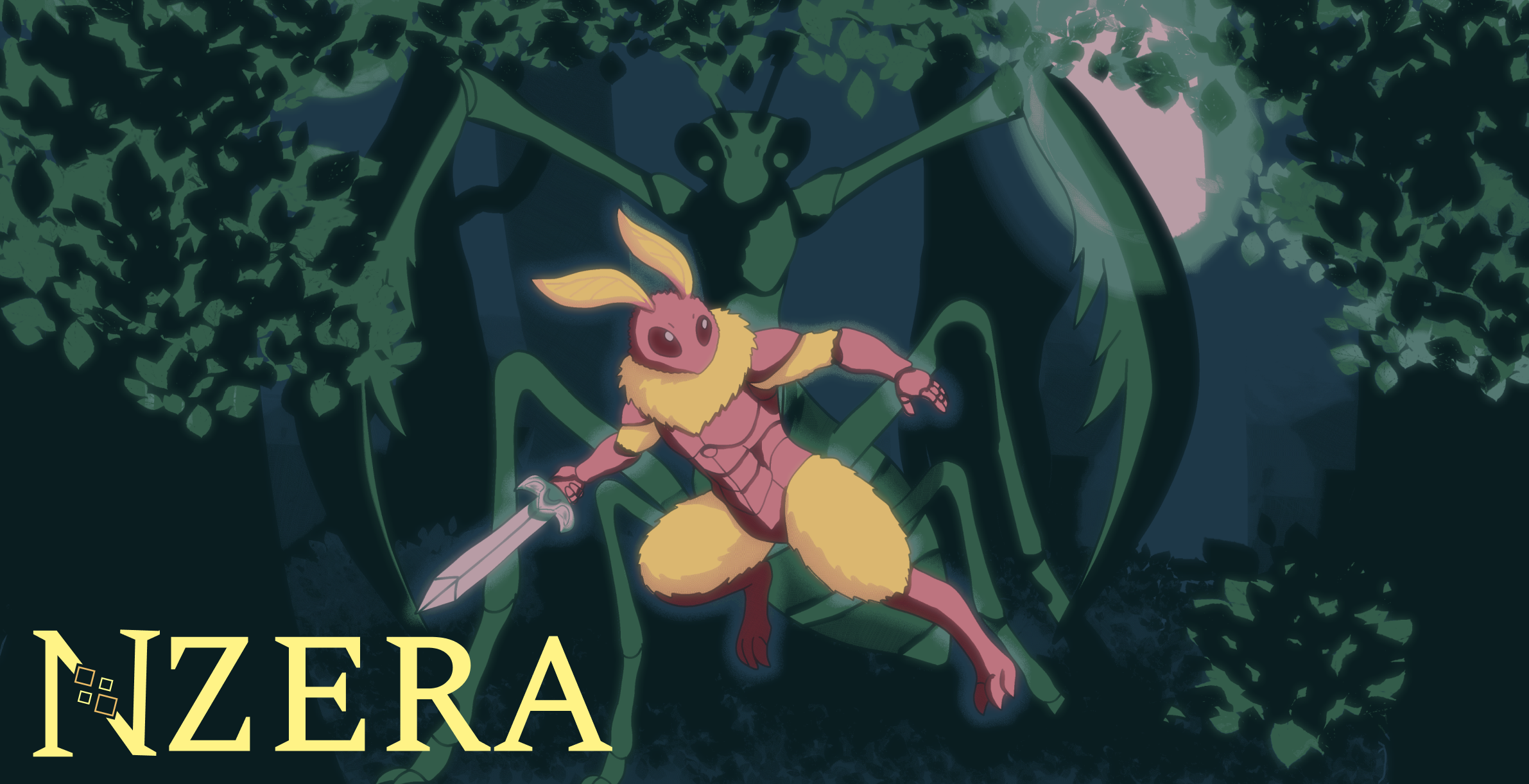 Nzera key art — an armoured rabbit knight in a moonlit forest